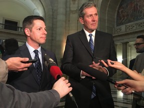 Winnipeg Mayor Brian Bowman and Manitoba Premier Brian Pallister talk to reporters at the Manitoba Legislature, April 12, 2018.
Tom Brodbeck/Winnipeg Sun