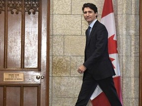 Prime Minister Justin Trudeau leaves his office to attend an emergency cabinet meeting on Parliament Hill in Ottawa on Tuesday, April 10, 2018.