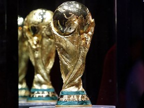 The FIFA World Cup trophy is displayed at the Exhibitor Centre in Guadalajara, Jalisco State, Mexico, on April 10, 2018