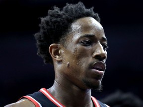 DeMar DeRozan of the Toronto Raptors walks off the court during the first half against the Washington Wizards during Game 3 at Capital One Arena on April 20, 2018