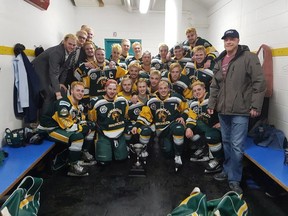 Members of the Humboldt Broncos junior hockey team are shown in a photo posted to the team Twitter feed, @HumboldtBroncos on March 24, 2018 after a playoff win over the Melfort Mustangs. RCMP say they are at the scene of a fatal collision involving a transport truck and a bus carrying the Humboldt Broncos northeast of Saskatoon. THE CANADIAN PRESS/HO-Twitter-@HumboldtBroncos MANDATORY CREDIT ORG XMIT: ORG XMIT: POS1804062256049602