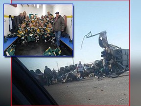 The Humboldt Broncos (inset) were involved in a deadly crash on Friday night when their bus and a transport truck were involved in a collision near Tisdale, Sask. (THE CANADIAN PRESS/HO-Twitter-@HumboldtBroncos/Submitted photo from motorist/Postmedia)