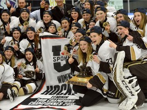 Manitoba Bisons celebrate after winning the national title game 2-0 over the Western Mustangs, last month in London, Ont.