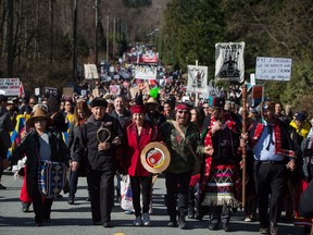 Indigenous chiefs and elders at an earlier protest on March 10, 2018 against the Kinder Morgan Trans Mountain pipeline.