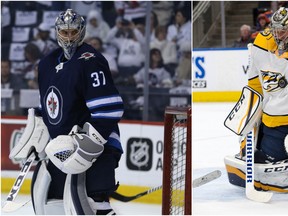 Connor Hellebuyck (left) and Pekka Rinne. The two Vezina candidates will go head-to-head in the second round of the Stanley Cup Playoffs beginning on Friday. David Bloom/Postmedia Kevin King/Postmedia