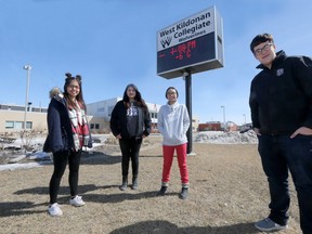 From the left; Destiny Bushie, Tatiana Schwenzer, Christina Tran, and Victor Selby,  They are high school student from West Kildonan Collegiate, in Winnipeg.  Together, they are seeking a ban on one time use plastic bags in Winnipeg.   Tuesday, April 03, 2018.   Sun/Postmedia Network