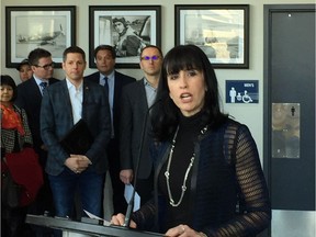 Dayna Spiring, President and CEO of Economic Development Winnipeg, addresses the media at a press conference at Bell MTS Place on Friday, April 6, 2018, to announce plans for a street party, named the Winnipeg Whiteout Street Party which will take place before and during every 2018 Winnipeg Jets home playoff game and will be located on Donald Street between Portage and Graham Avenues adjacent to the Bell MTS Place.