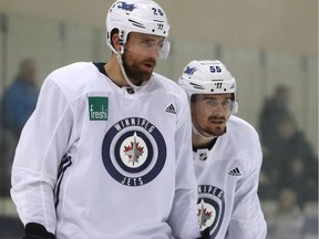 Blake Wheeler watches during Winnipeg Jets practice at Bell MTS Iceplex on Monday.