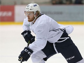 Kyle Connor flies down the ice during Winnipeg Jets practice at Bell MTS Iceplex.