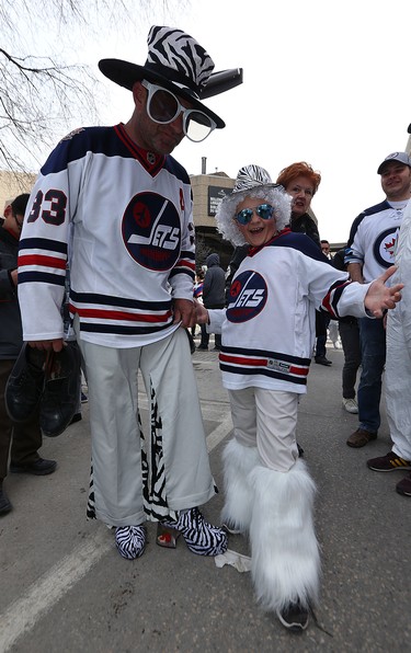 A father and son show off their threads at the Winnipeg Whiteout Street Party on Donald Street on Wed., April 11, 2018. Kevin King/Winnipeg Sun/Postmedia Network