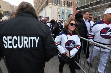 Security at one of the entrances to the Winnipeg Whiteout Street Party on Donald Street on Wed., April 11, 2018. Kevin King/Winnipeg Sun/Postmedia Network