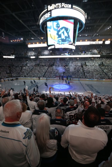 Fans at Game 1 of their first-round NHL playoff series between the the Winnipeg Jets and Minnesota Wild in Winnipeg on Wed., April 11, 2018. Kevin King/Winnipeg Sun/Postmedia Network