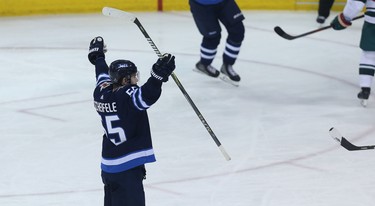 Winnipeg Jets centre Mark Scheifele celebrates his goal against the Minnesota Wild during Game 1 of their first-round NHL playoff series in Winnipeg on Wed., April 11, 2018. Kevin King/Winnipeg Sun/Postmedia Network