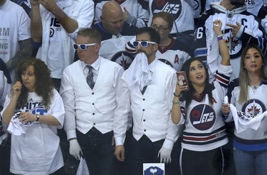 Nervous times for Winnipeg Jets fans late in Game 1 of their first-round NHL playoff series against the Minnesota Wild in Winnipeg on Wed., April 11, 2018. Kevin King/Winnipeg Sun/Postmedia Network