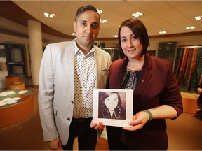 Dr. Faisal Siiddiqui, Transplant Manitoba - Gift of Life Physician (left) with Jodie Shepit, holding a photo of her deceased daughter, Jazmyn who donated eight of her organs.
