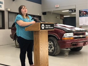 Amanda Dumont, a Niverville resident who was involved in a rollover in January on her way home on Highway 59, says her seatbelt saved her life. Dumont spoke at MPI's salvage building on Friday, as the province's vehicle insurance provider reminded drivers to buckle up.