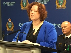 Klinic Community Health Centre Executive Director Nicole Chammartin addresses the media at a media conference at police headquarters to announce the development of a new protocol for third-party reporting for survivors of sexual abuse.