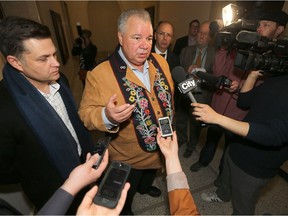 Manitoba Metis Federation President David Chartrand  talking to media today following a meeting with Manitoba's Crown Services Minister, Cliff Cullen.  Friday, April 20, 2018.   Sun/Postmedia Network