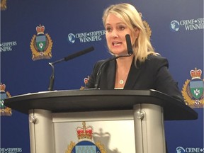 Noni Claussen, Director of Education at the Winnipeg-based Canadian Centre for Child Protection, addresses the media at a press conference on Tuesday, at police headquarters in Winnipeg.