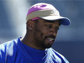 Moe Leggett chats with other defensive backs during Winnipeg Blue Bombers mini-camp at Investors Group Field in Winnipeg on Tues., April 24, 2018. Kevin King/Winnipeg Sun/Postmedia Network