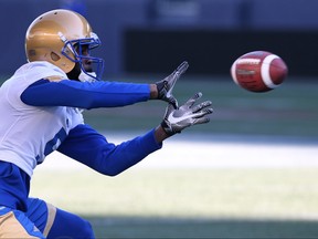 Wide receiver L'Damian Washington pulls in a pass during Winnipeg Blue Bombers mini-camp at Investors Group Field in Winnipeg on Wed., April 25, 2018. Kevin King/Winnipeg Sun/Postmedia Network