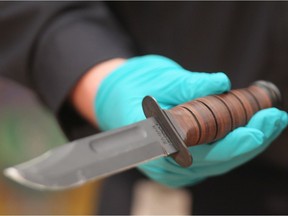 Police seized a couple weapons, some cash, a quantity of drugs and numerous cell phones when they arrested eight members of an emerging street gang in south Winnipeg.  The suspects range in age from 16 to 20 years.  This is a knife that was seized.  Thursday, March 1, 2012.   Chris Procaylo - QMI Agency