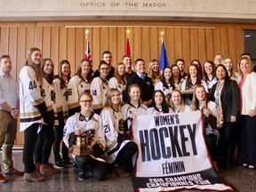 Members of the University of Manitoba Bisons women's hockey team were handed the City of WinnipegÕs Outstanding Achievement Award on Wednesday, honouring their efforts after winning the U Sports national championship last month. Scott Billeck/Winnipeg Sun