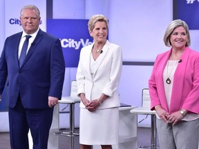 The third and final televised debate ahead of Ontario's June 7th election will offer voters on Sunday one last chance to size up the three main party leaders side by side as they vie to lead the province for the next four years. Ontario Liberal Leader Kathleen Wynne, centre, Ontario PC Party Leader Doug Ford, left, and NDP Leader Andrea Horwath take part in the Ontario Leaders debate in Toronto on Monday, May 7, 2018.