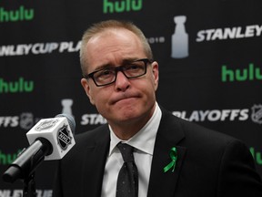 LAS VEGAS, NV - MAY 16:  Head coach Paul Maurice of the Winnipeg Jets speaks during a news conference following his team's 4-2 loss to the Vegas Golden Knights in Game Three of the Western Conference Finals during the 2018 NHL Stanley Cup Playoffs at T-Mobile Arena on May 16, 2018 in Las Vegas, Nevada.  (Photo by Ethan Miller/Getty Images)