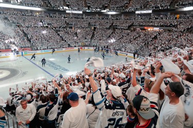 WINNIPEG, MB - MAY 20:  Fans cheer during warm-ups prior to Game Five of the Western Conference Finals between the Vegas Golden Knights and the Winnipeg Jets during the 2018 NHL Stanley Cup Playoffs at Bell MTS Place on May 20, 2018 in Winnipeg, Canada.  (Photo by Jason Halstead/Getty Images)