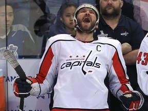 Alex Ovechkin #8 of the Washington Capitals celebrates after defeating the Tampa Bay Lightning in Game Seven of the Eastern Conference Finals during the 2018 NHL Stanley Cup Playoffs at Amalie Arena on May 23, 2018 in Tampa, Florida. (Photo by Mike Ehrmann/Getty Images)