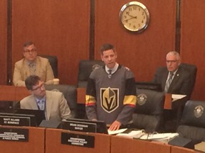 Winnipeg Mayor Brian Bowman lost a bet with his counterpart in Las Vegas and had to wear a Knights jersey in council when they downed the Jets in their NHL playoff matchup.