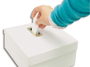 Illustration showing person putting vote in box.