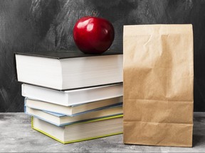 Pile of various books, red apple and package of lunch on dark background