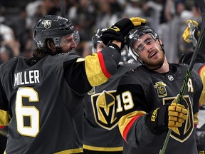 Reilly Smith is congratulated by teammate Colin Miller of the Vegas Golden Knights after scoring at T-Mobile Arena on May 18, 2018 in Las Vegas. (Harry How/Getty Images)