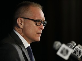 Winnipeg Jets head coach Paul Maurice talks to media after game one in the NHL Western Conference Final in Winnipeg on Saturday, May 12, 2018. THE CANADIAN PRESS/John Woods ORG XMIT: JGW101