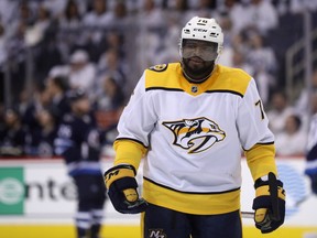 Nashville Predators' P.K. Subban (76) skates during a break in the action against the Winnipeg Jets in the second period of NHL hockey playoff action in Winnipeg, Tuesday, May 1, 2018. THE CANADIAN PRESS/Trevor Hagan ORG XMIT: WPGT145