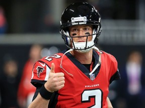Matt Ryan of the Atlanta Falcons warms up prior to the game against the Carolina Panthers at Mercedes-Benz Stadium on Dec. 31, 2017