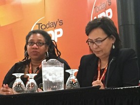 Kemlin Nembhard (left) and Sandra DeLaronde, commissioners who examined harassment in the Mantoba NDP speak about their findings at the party's annual convention in Brandon.
