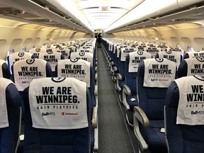 This Air Canada flight from Vancouver to Vegas on Tuesday featured “We are Winnipeg” towels on the seats. (TWITTER)