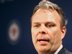 Winnipeg Jets general manager Kevin Cheveldayoff announces during a press conference in Winnipeg, Man. Monday May 04, 2015 that the Jets AHL farm team will relocate to Winnipeg and will be called the Manitoba Moose. Brian Donogh/Winnipeg Sun/Postmedia Network