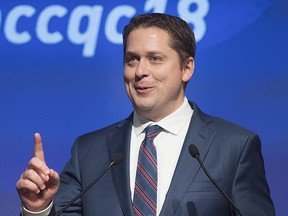 Conservative Party Leader Andrew Scheer speaks during the General Council of the Conservative Party of Canada in Saint-Hyacinthe, Que., Sunday, May 13, 2018. THE CANADIAN PRESS/Graham Hughes ORG XMIT: GMH101