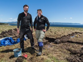 Dr. Doug Bolender and Dr. Sarah Parcak on site in Point Rosee, Nfld., in this undated handout photo. (THE CANADIAN PRESS/HO - PBS, Freddie Claire)