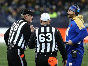 Winnipeg Blue Bombers head coach Mike O'Shea tries to get an explanation from the officials during the CFL West semi-final against the Edmonton Eskimos in Winnipeg on Sun., Nov. 12, 2017. Kevin King/Winnipeg Sun/Postmedia Network