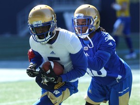 Wide receiver L'Damian Washington (left) turns upfield after making a catch in front of defensive back Antoine Johnson during Winnipeg Blue Bombers mini-camp last month. Washington was one of 15 players released by the Bombers this week.
