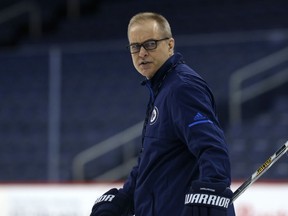 Head coach Paul Maurice keeps an eye on things during Winnipeg Jets practice at Bell MTS Centre in Winnipeg on Wed., April 25, 2018. Kevin King/Winnipeg Sun/Postmedia Network