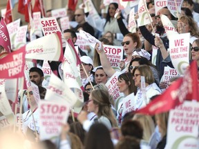 Members of the Manitoba Nurses Union rallied at the Manitoba Legislature early last month. The union continues to complain about so-called staffing cuts and is still trying to create the impression that scores of nurses have lost their jobs and have nowhere to work.