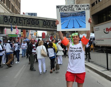 A fan lets his opinion be known before the Winnipeg Jets faced the Nashville Predators in Game 2 of their second-round playoff series in Winnipeg on Tues., May 1, 2018. Kevin King/Winnipeg Sun/Postmedia Network