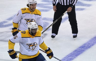 Nashville Predators defenceman P.K. Subban (bottom) celebrates his goal against the Winnipeg Jets during Game 2 of their second-round playoff series in Winnipeg on Tues., May 1, 2018. Kevin King/Winnipeg Sun/Postmedia Network