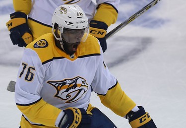 Nashville Predators defenceman P.K. Subban celebrates his goal against the Winnipeg Jets during Game 2 of their second-round playoff series in Winnipeg on Tues., May 1, 2018. Kevin King/Winnipeg Sun/Postmedia Network